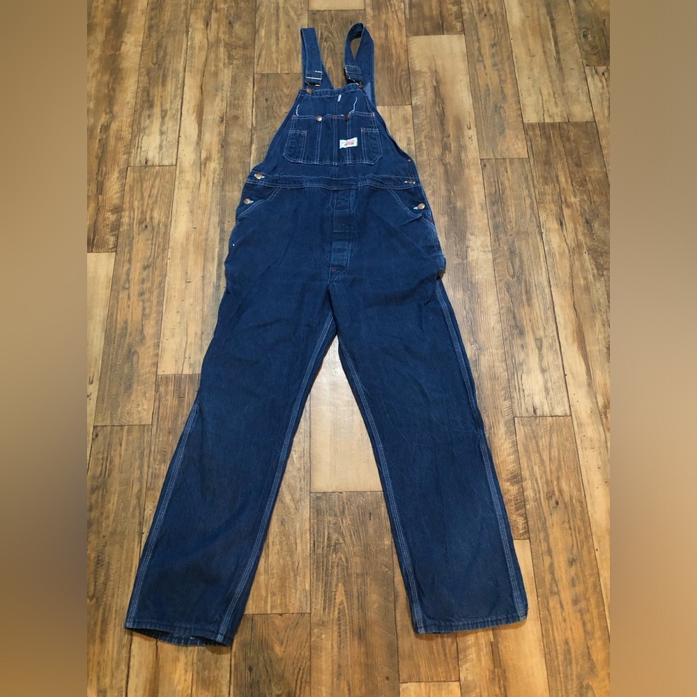 Round House Men's Denim Blue Jean Overalls Size 36x32 Dark Blue Bibs 28” Inseam
